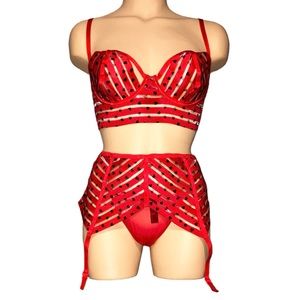 *3 for $30!* 3 piece Dreamgirl Red Black Hearts Bra Panty Garter Set NWT M